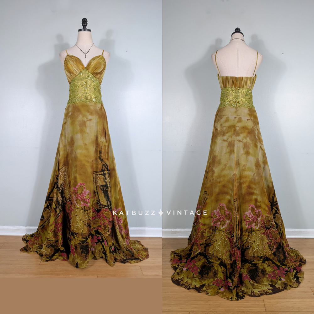 Y2K Silk Prom Dress Maxi Gown Y2K 6 Green Brown Fairy Goth Ombre Bowls Vintage